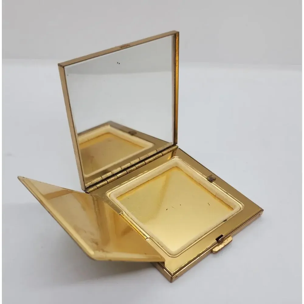 Vintage Volupte Powder Compact Gold Tone Floral Rhinestone Mirror Vanity USA